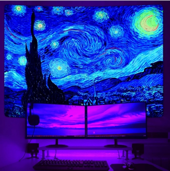 Black Light Starry Night Vincent Van Gogh Big Wall Tapestry UV Blacklight New - Picture 1 of 11
